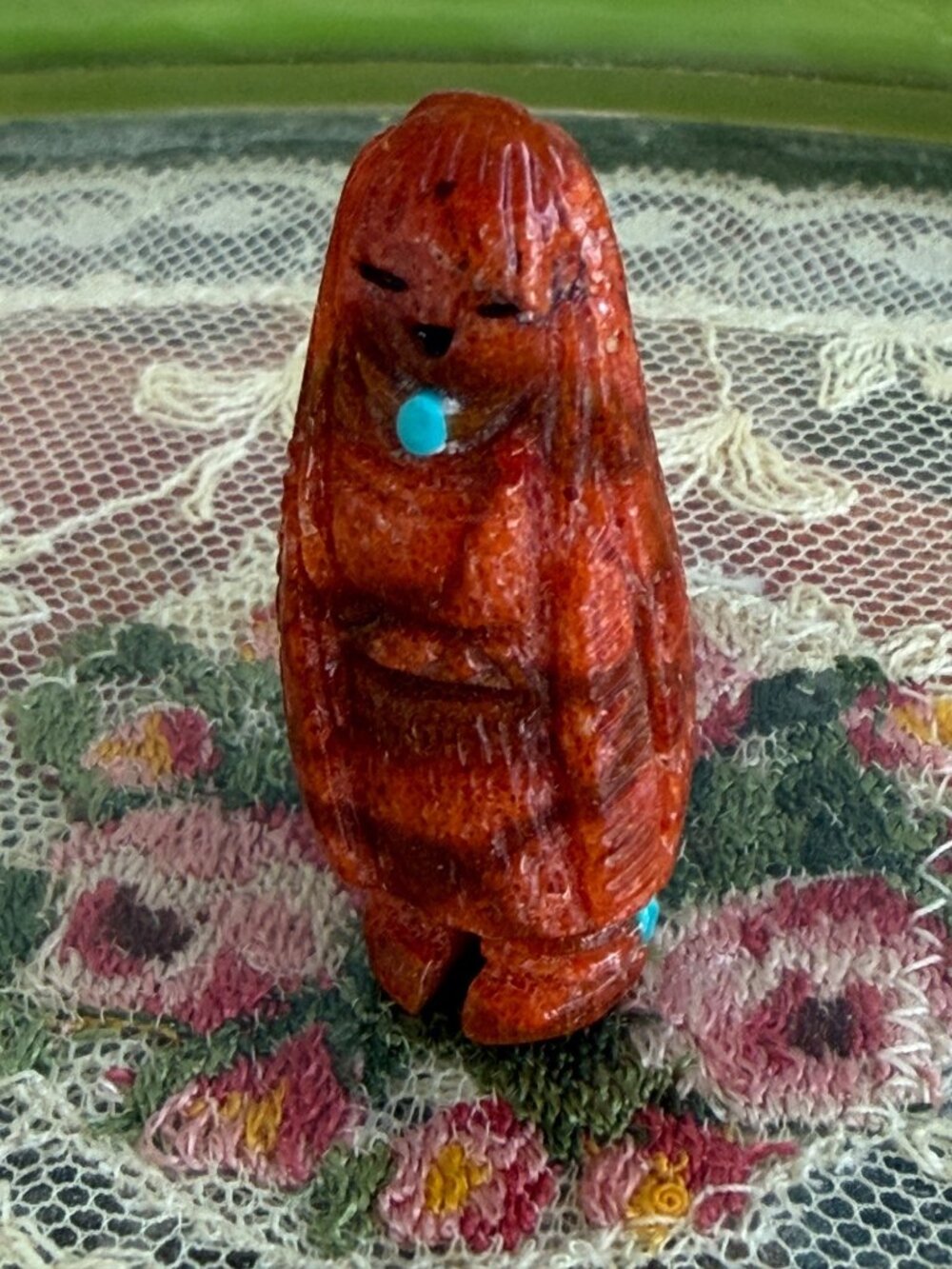 Vintage 60's Zuni Carved Red Apple Coral Corn Maiden Fetish 1.5"